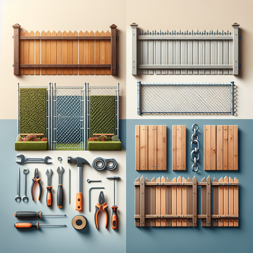 A collage showing various types of fences including wooden, vinyl, chain link, and wrought iron with tools for repairs