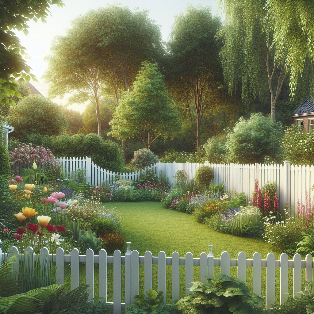 A beautiful backyard featuring a white vinyl fence surrounding a lush garden with flowers and greenery