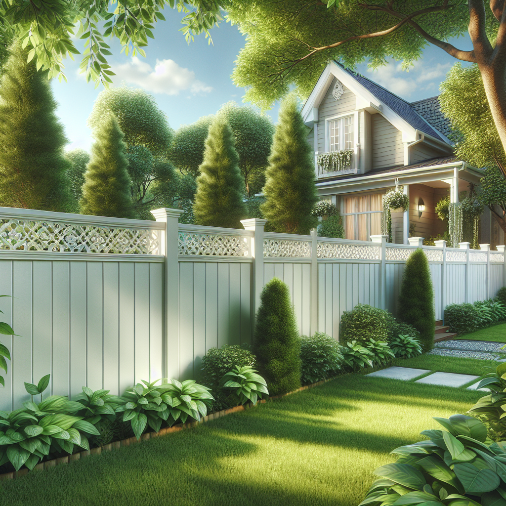 A beautiful residential backyard featuring a white vinyl fence with decorative elements surrounded by lush greenery