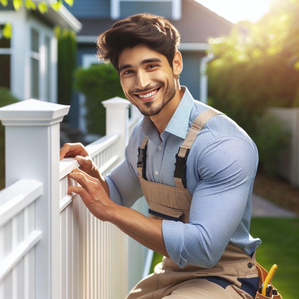 A professional vinyl fence installer working on a beautiful white vinyl fence in a residential backyard