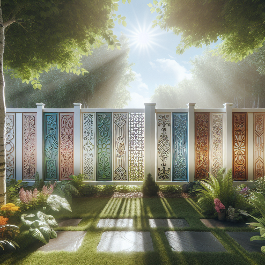 A beautifully customized vinyl fence in a backyard setting with various colors and styles