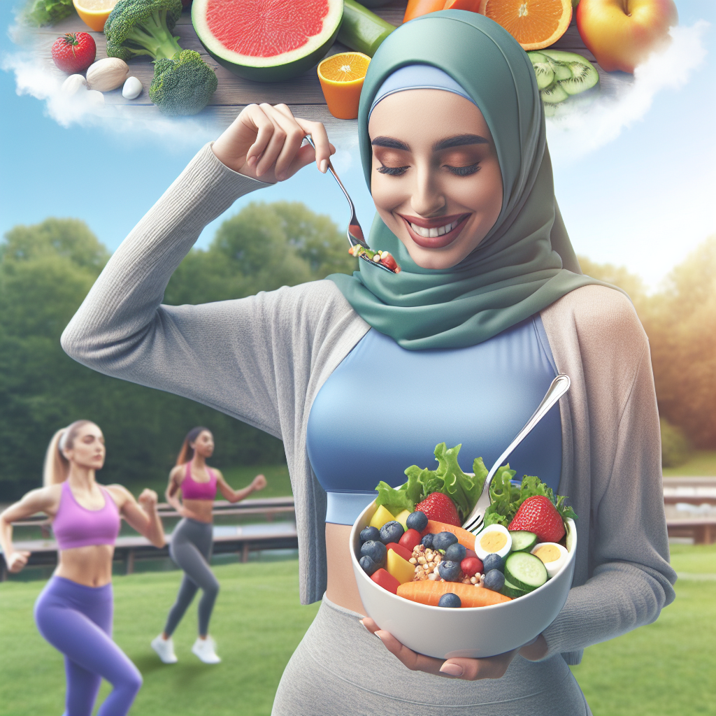 A cheerful and healthy person enjoying a balanced meal while exercising outdoors