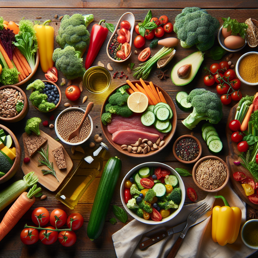 A vibrant and healthy meal spread including vegetables, lean proteins and whole grains on a wooden table