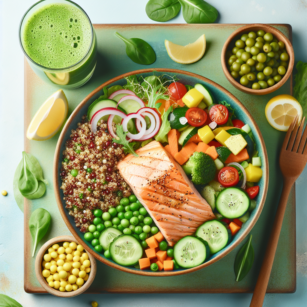A colorful plate of healthy food including quinoa salad, salmon with vegetables, and a green smoothie