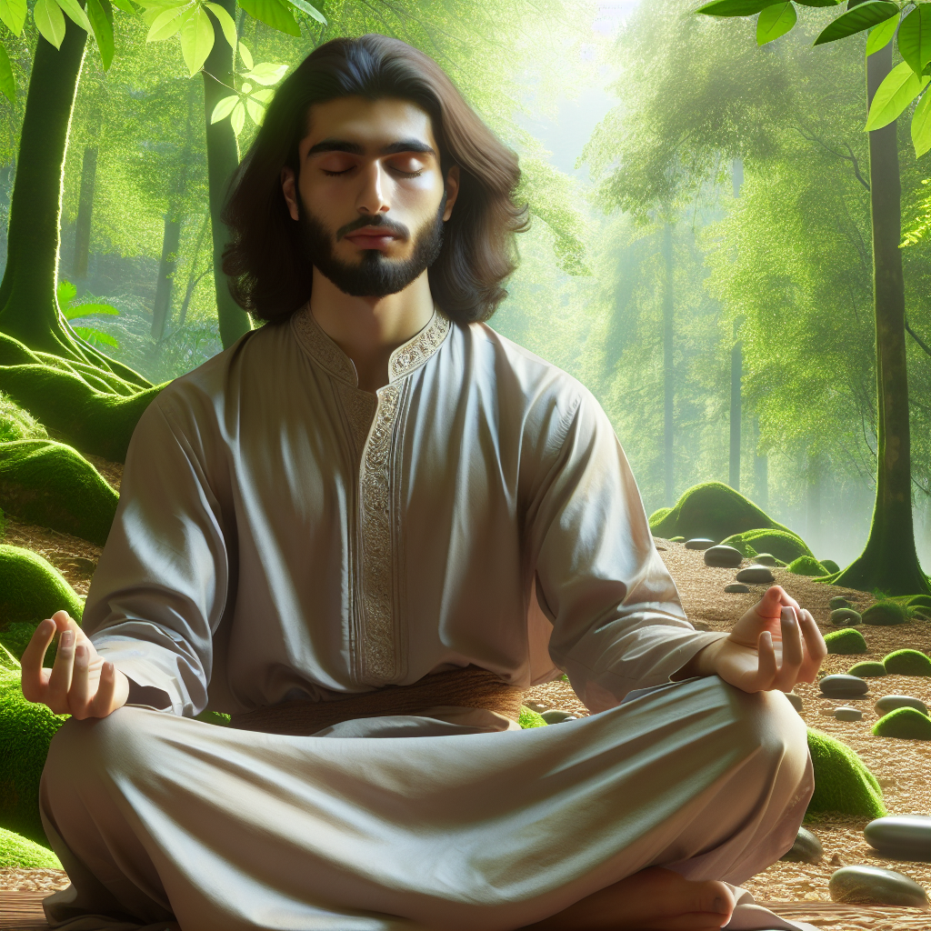A serene scene depicting a person meditating in nature with a calm expression, symbolizing mental coaching and relaxation for weight loss