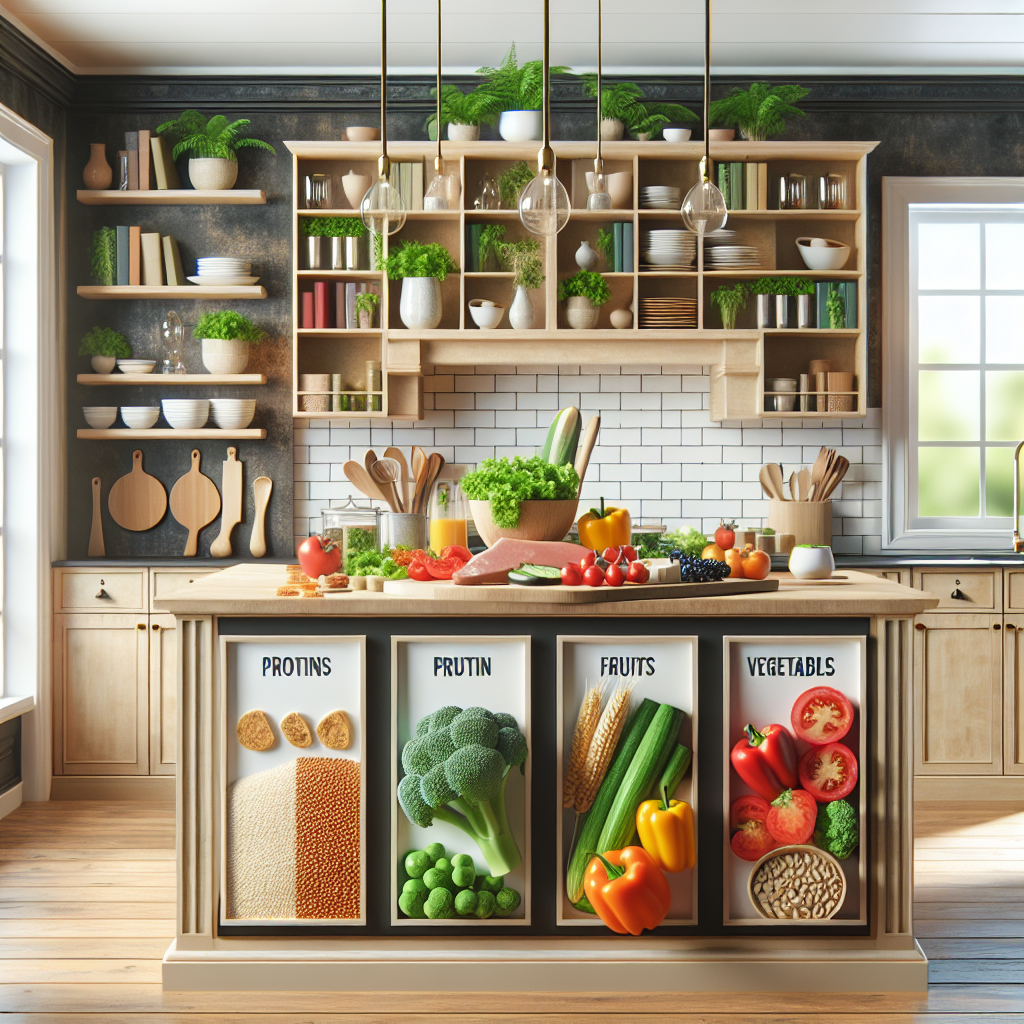 A vibrant kitchen with healthy meal prep options, colorful vegetables, and a balanced diet plan laid out