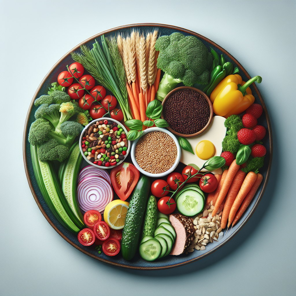 A balanced plate of healthy foods including whole grains, lean proteins, and colorful vegetables arranged aesthetically