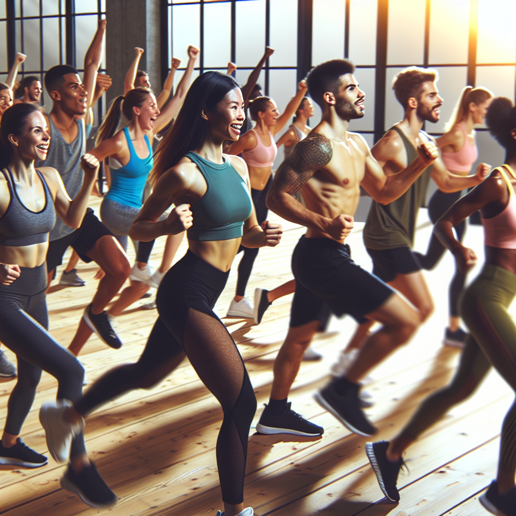 A vibrant fitness class with diverse people exercising together