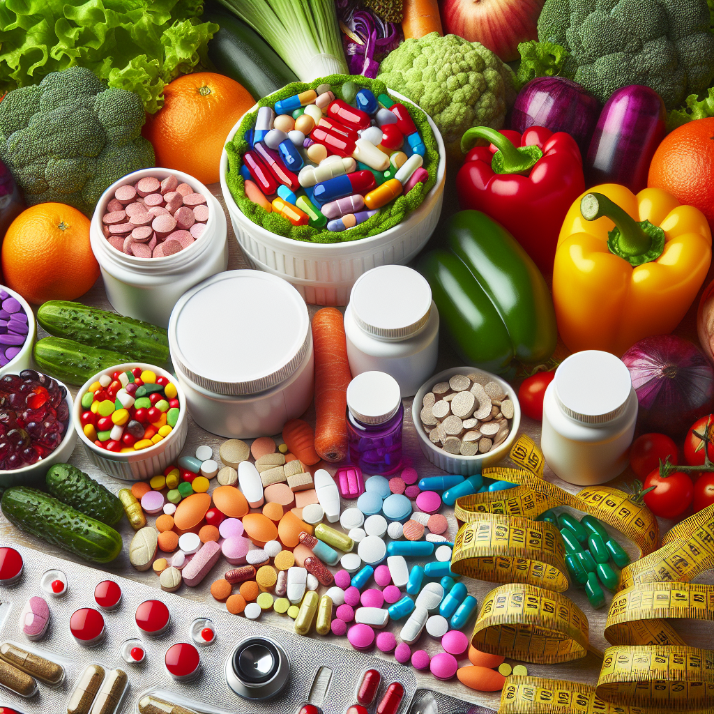 A vibrant and colorful display of various weight loss pills and supplements on a table, with a measuring tape and fresh vegetables nearby
