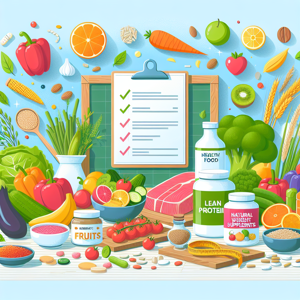 A vibrant and engaging illustration of diverse healthy foods and natural weight loss supplements on a kitchen counter