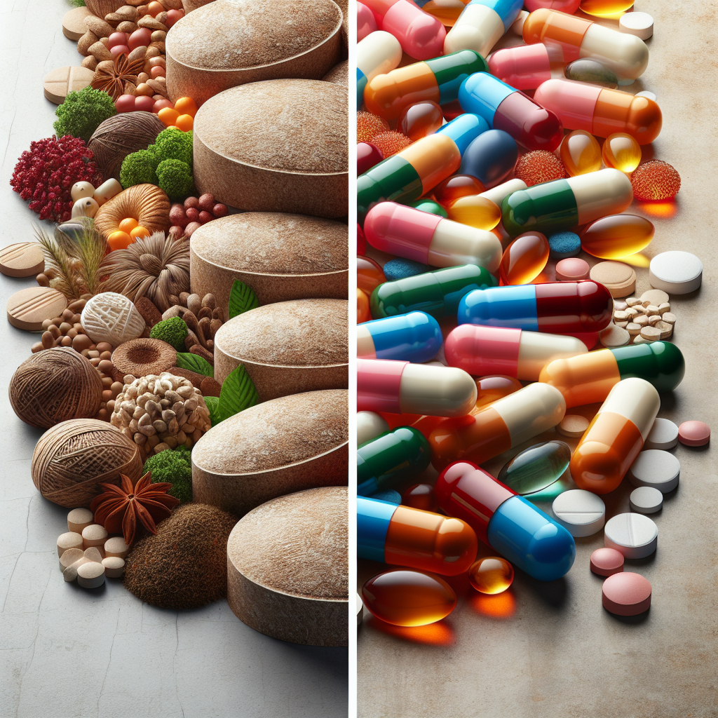A split image showing natural weight loss pills on one side and synthetic weight loss pills on the other side with a clear contrast in colors and textures