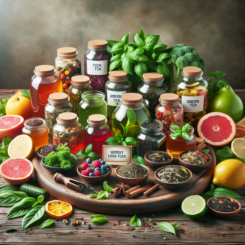 A vibrant and colorful display of different types of weight loss teas, including green tea and herbal blends, arranged on a wooden table with fresh herbs and fruits