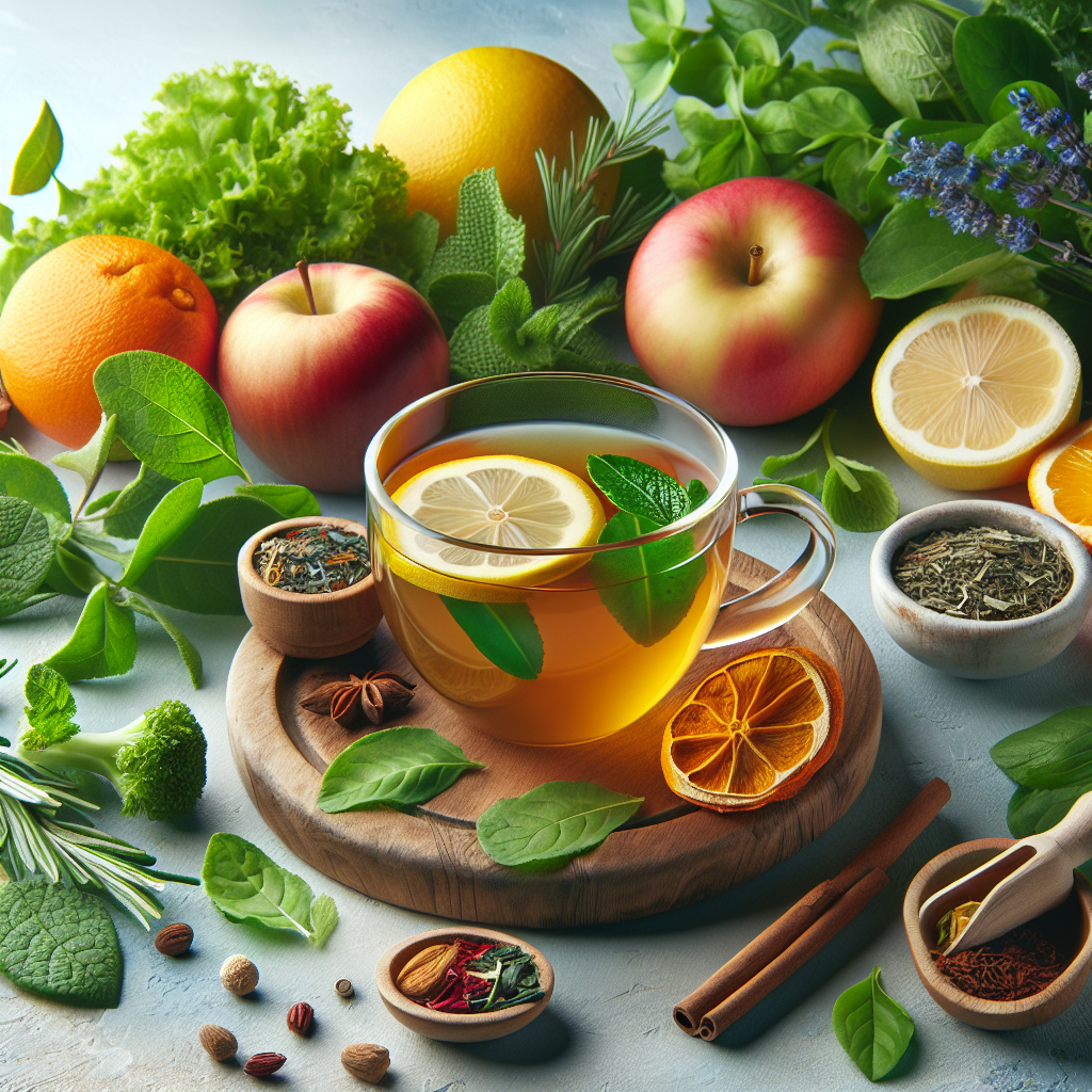 A vibrant cup of detox tea with fresh herbs and fruits around it, showcasing the natural ingredients used for weight loss