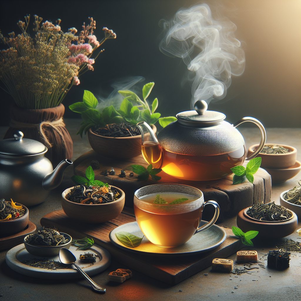 A cozy tea setup with various types of weight loss teas including green tea and herbal blends, surrounded by fresh herbs and a steaming cup of tea