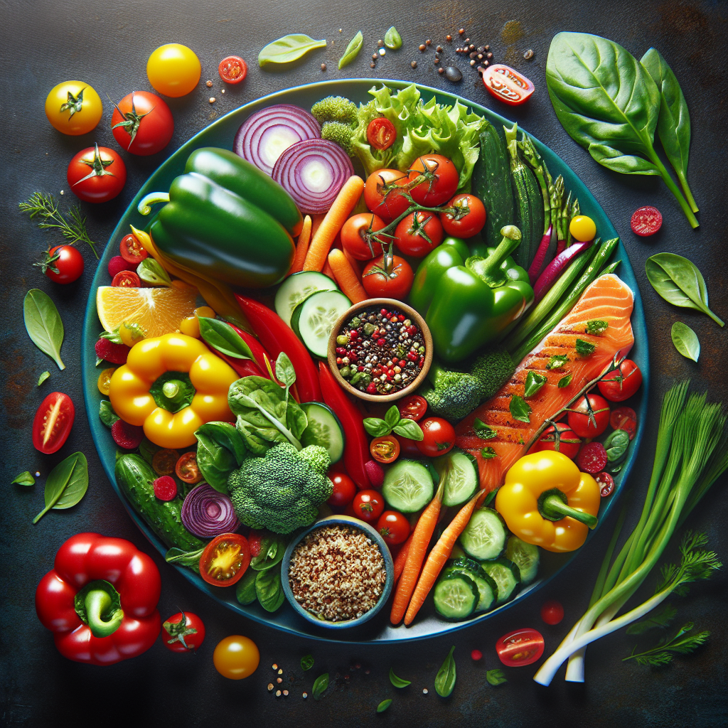 A vibrant and colorful plate of healthy foods including vegetables, lean proteins, and whole grains, symbolizing sustainable weight loss and a balanced diet