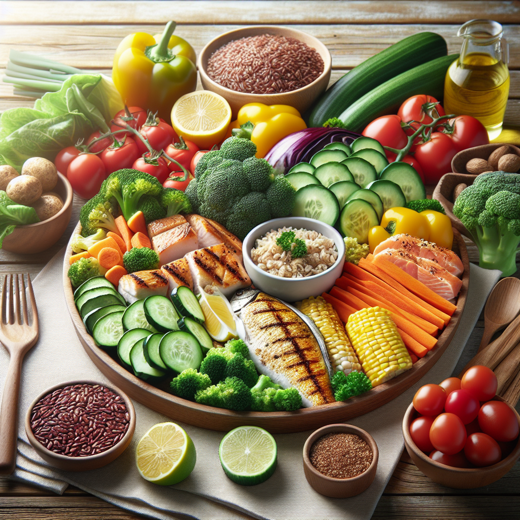 A balanced meal with healthy foods like vegetables, lean proteins, and whole grains on a table