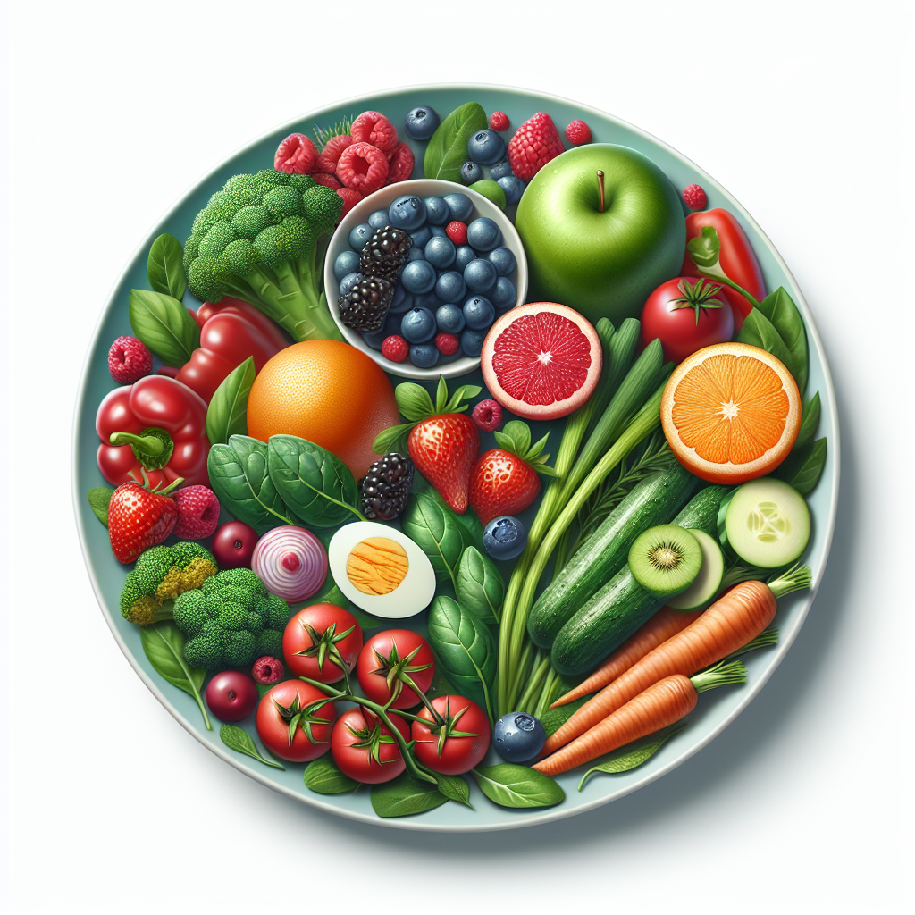 A vibrant plate of healthy foods including fruits, vegetables, and lean proteins arranged beautifully