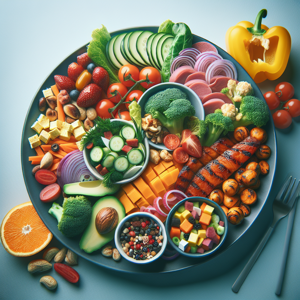 A balanced meal with low carbs and high protein foods, visually appealing and colorful