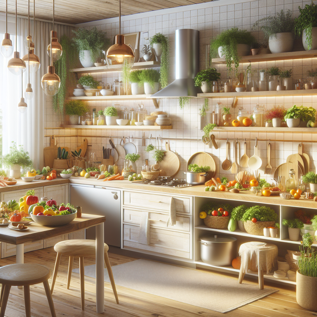 A serene and inviting kitchen setting with colorful healthy meals prepared and displayed, emphasizing the joy of sustainable eating