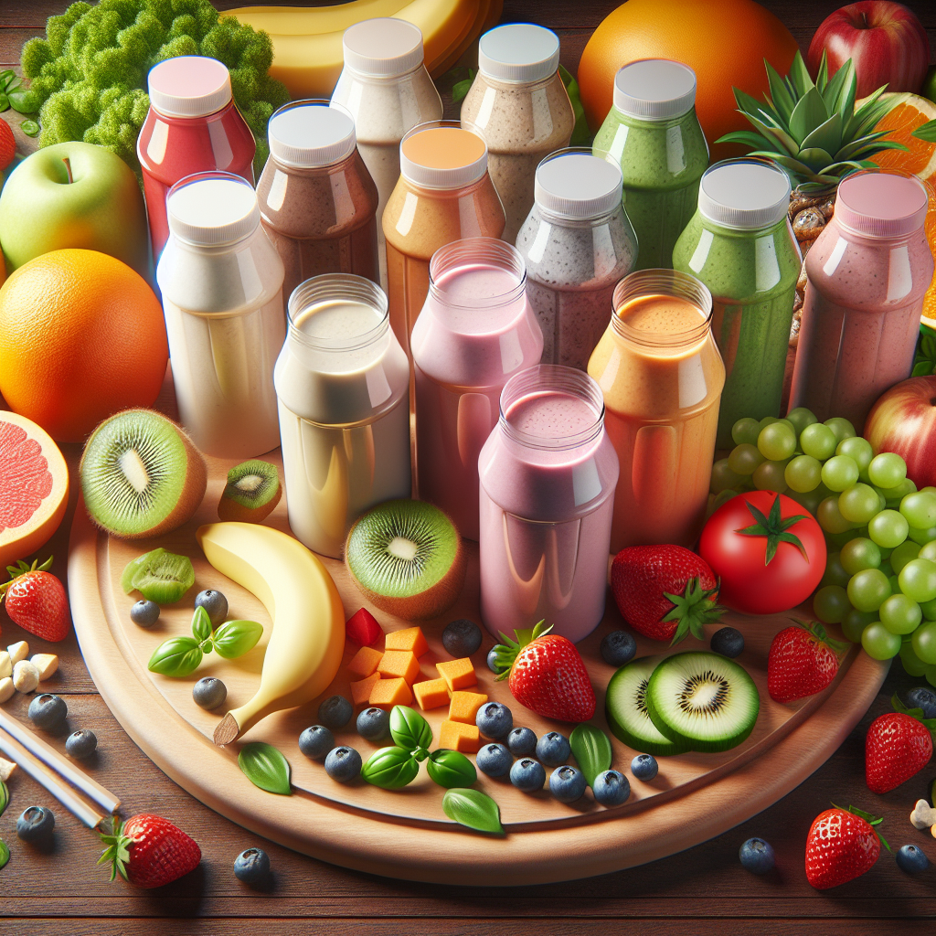 A variety of colorful meal replacement shakes in different flavors with fruits and vegetables around them