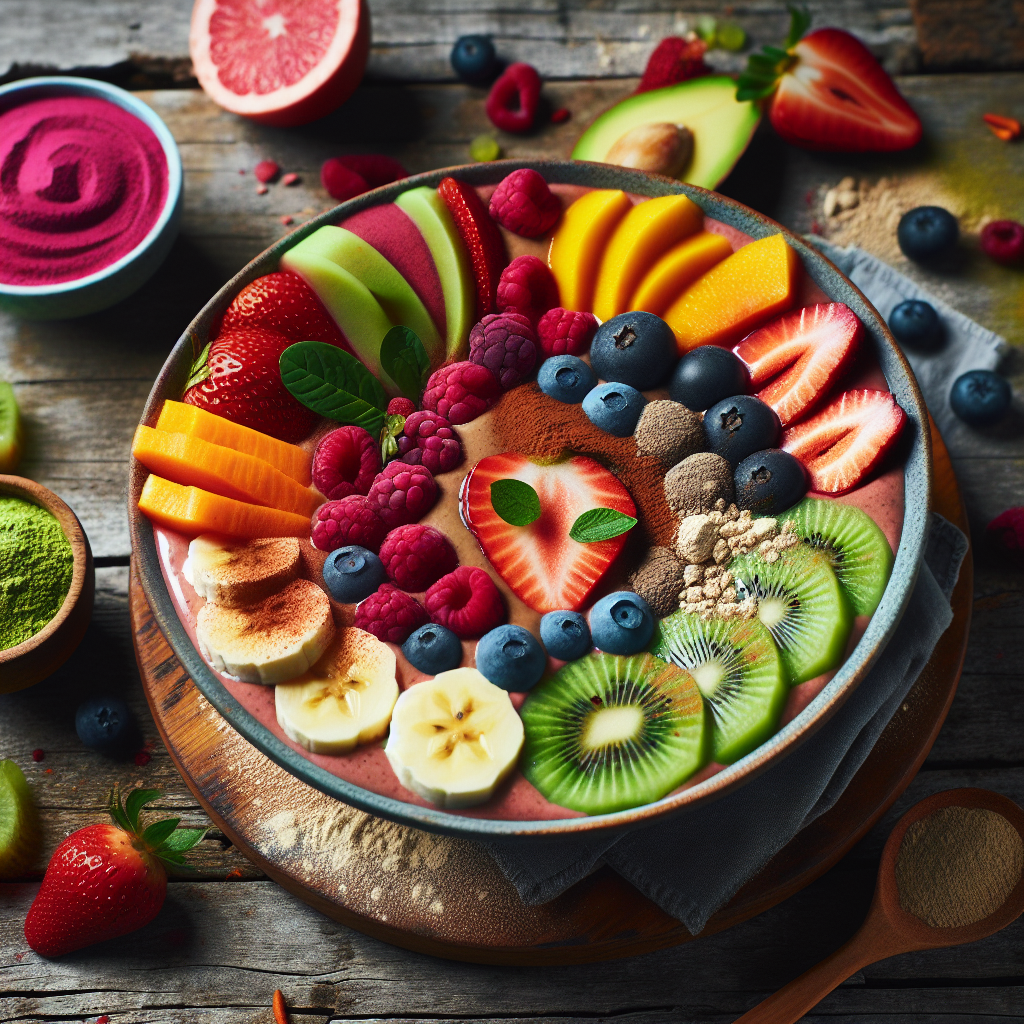 A vibrant and colorful smoothie bowl made with various fruits and protein powder, placed on a wooden table
