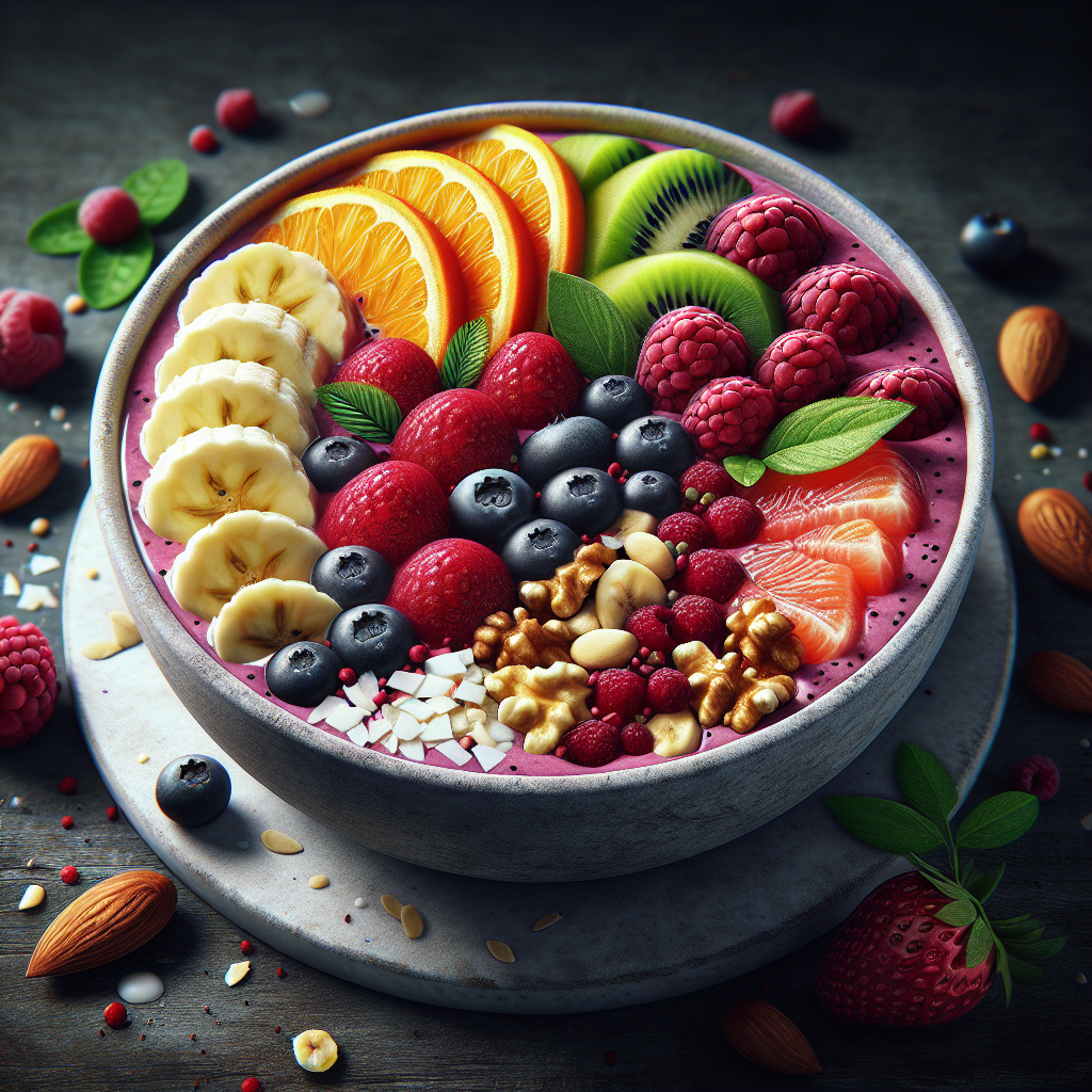 A vibrant and colorful smoothie bowl with fresh fruits and nuts on top
