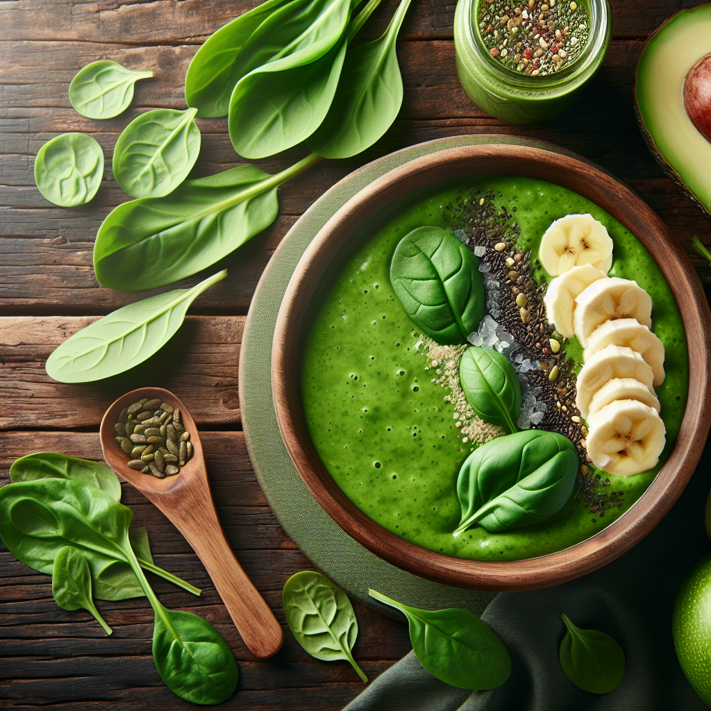A vibrant and colorful smoothie bowl with green detox shake ingredients like spinach, banana, and avocado on a wooden table