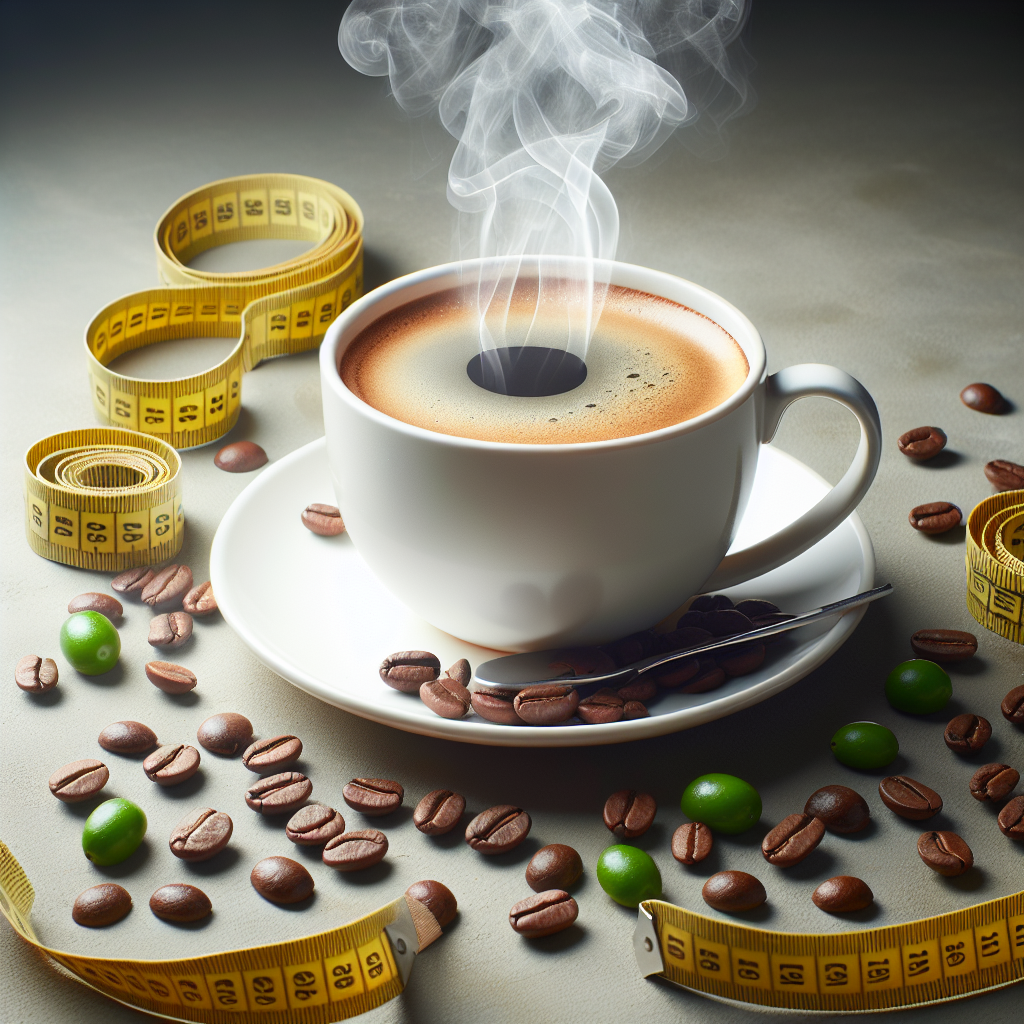 A steaming cup of coffee with green coffee beans and a measuring tape around it, symbolizing weight loss and health benefits