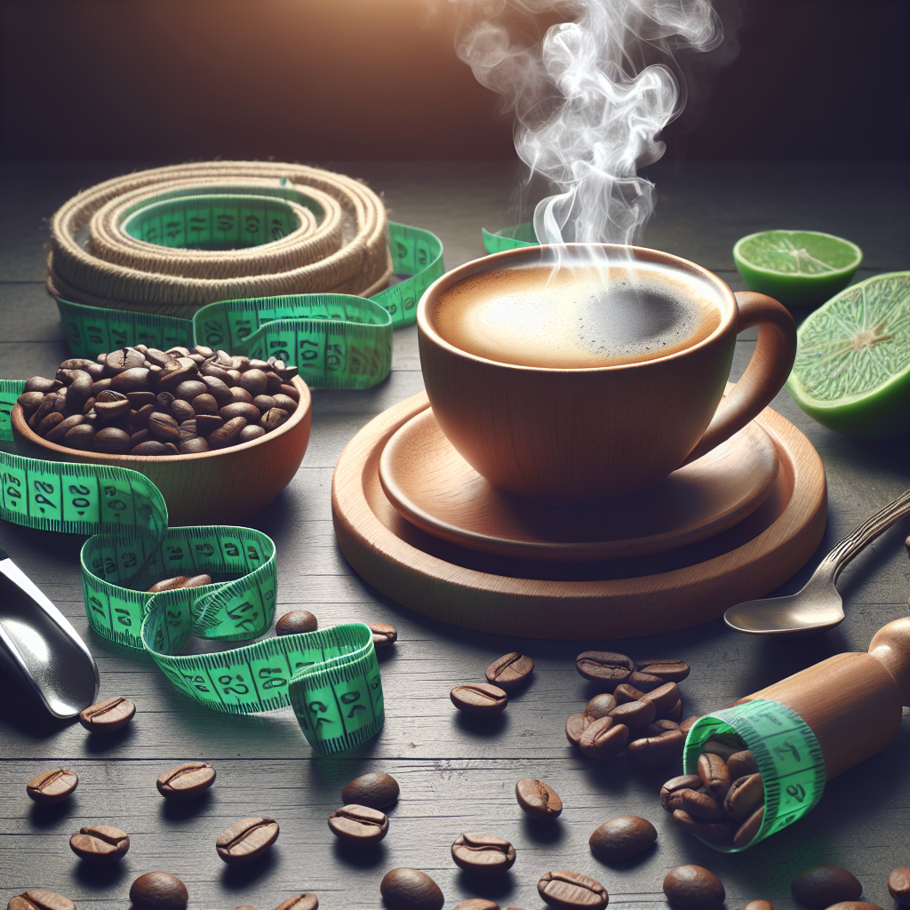 A steaming cup of coffee with green coffee beans around it, symbolizing weight loss and metabolism boost