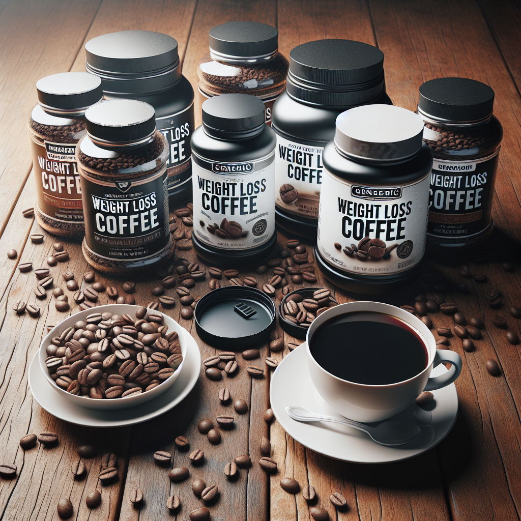 A selection of effective weight loss coffee brands displayed on a wooden table with coffee beans and cups