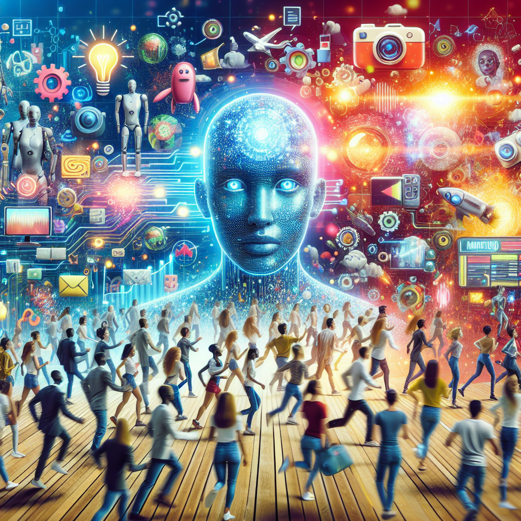 A vibrant and dynamic scene showcasing various AI-generated animations in a marketing context
