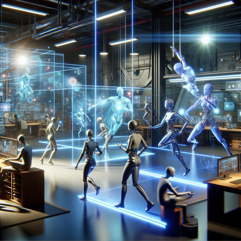 A futuristic digital art scene showcasing various AI-generated animations and characters in action