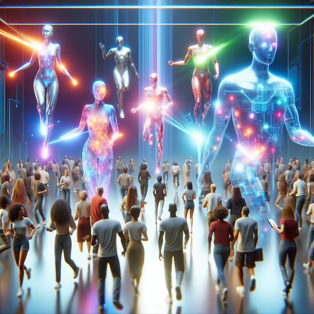 A futuristic marketing campaign featuring vibrant AI-generated animations and characters interacting with a diverse audience