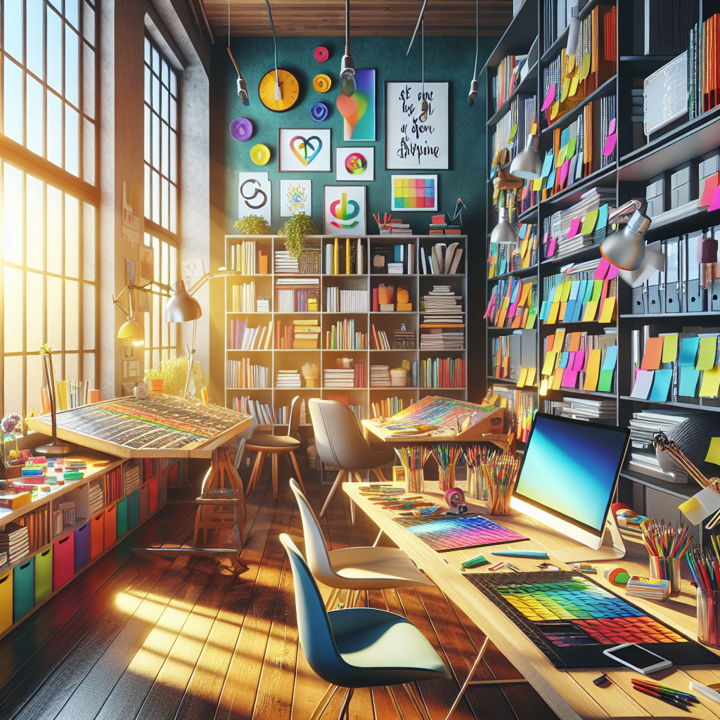 A vibrant and colorful workspace filled with design tools and inspirational quotes on the walls