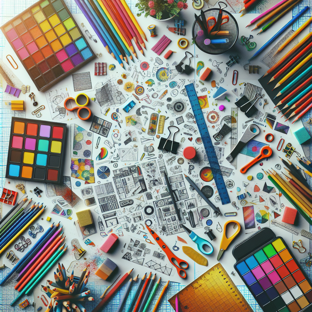 A vibrant and colorful design workspace filled with sketches and creative tools