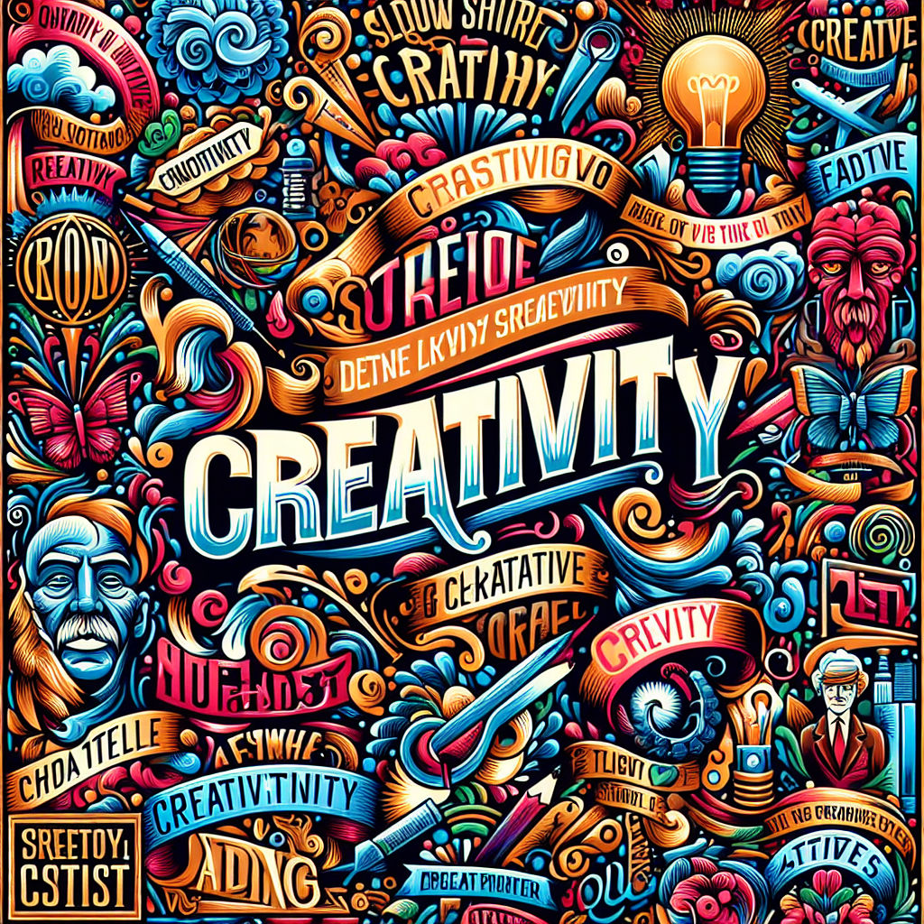 A vibrant and colorful collage of famous quotes about creativity in artistic fonts