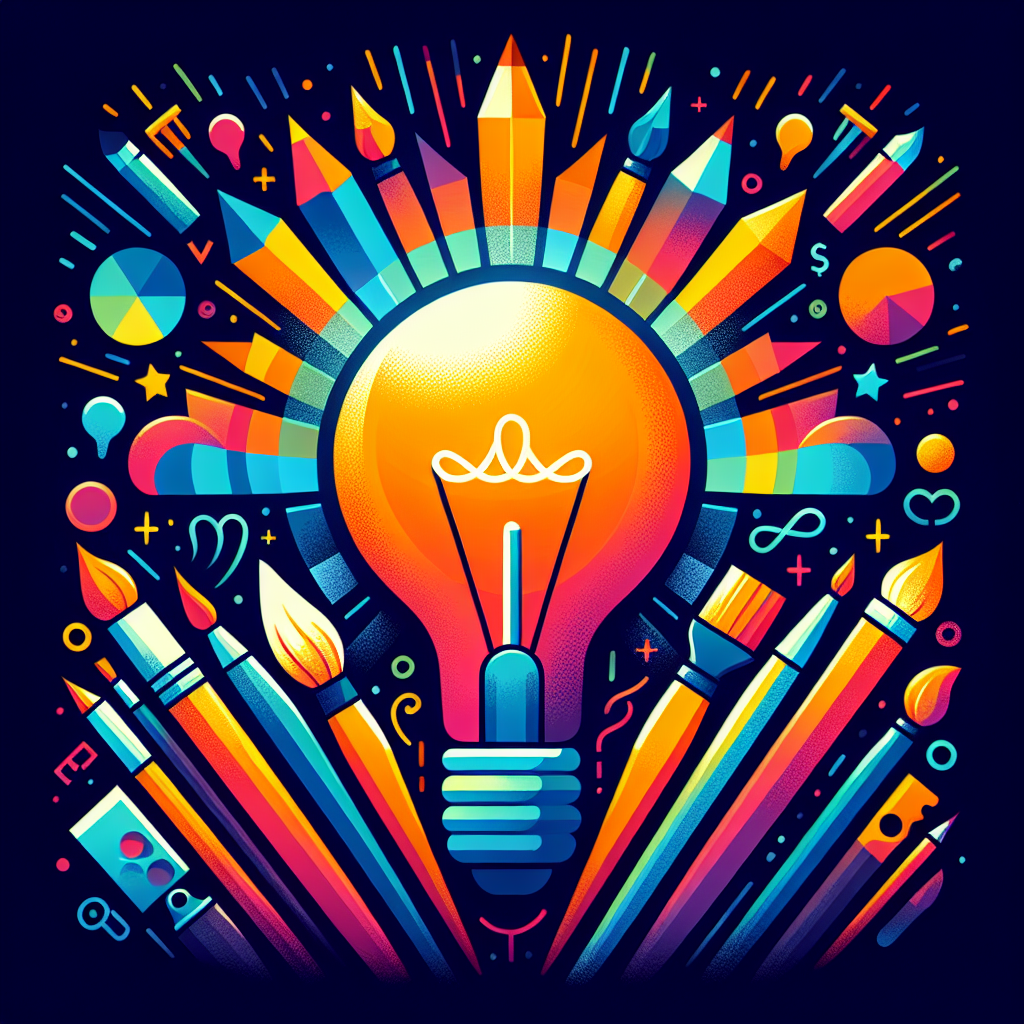 A vibrant and colorful illustration of a light bulb surrounded by various artistic tools like paintbrushes and pencils symbolizing creativity and ideas