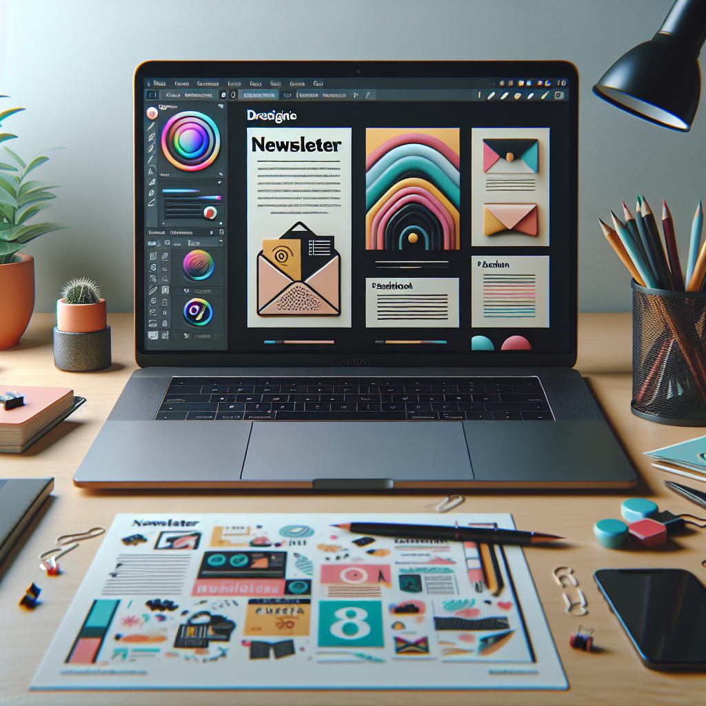 A creative workspace with a laptop and colorful newsletter designs on the screen