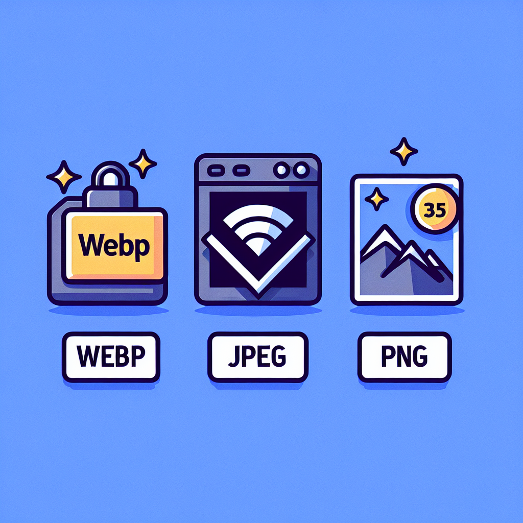 A visual representation of the WebP format with icons of JPEG and PNG for comparison, showing benefits like faster loading times and better quality