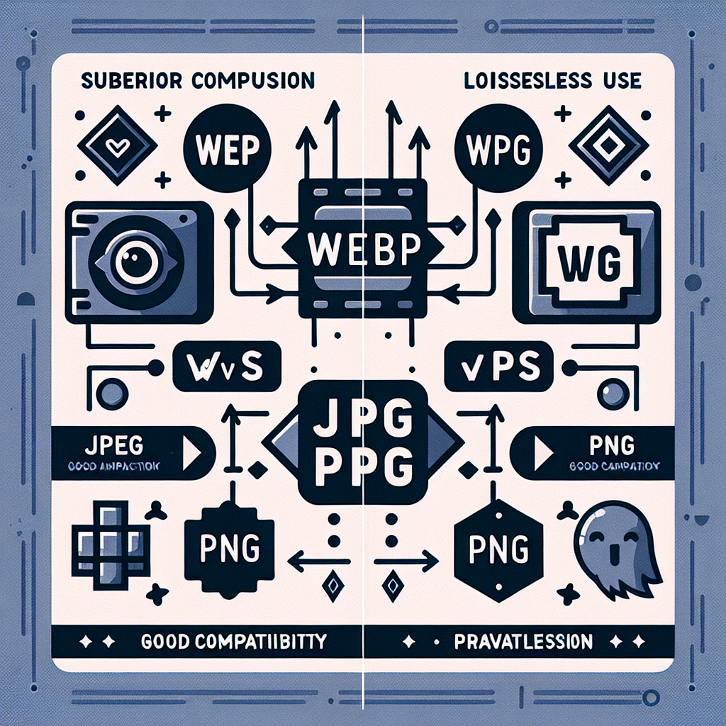 A visual comparison of WebP vs JPEG and PNG formats with icons representing each format and their advantages