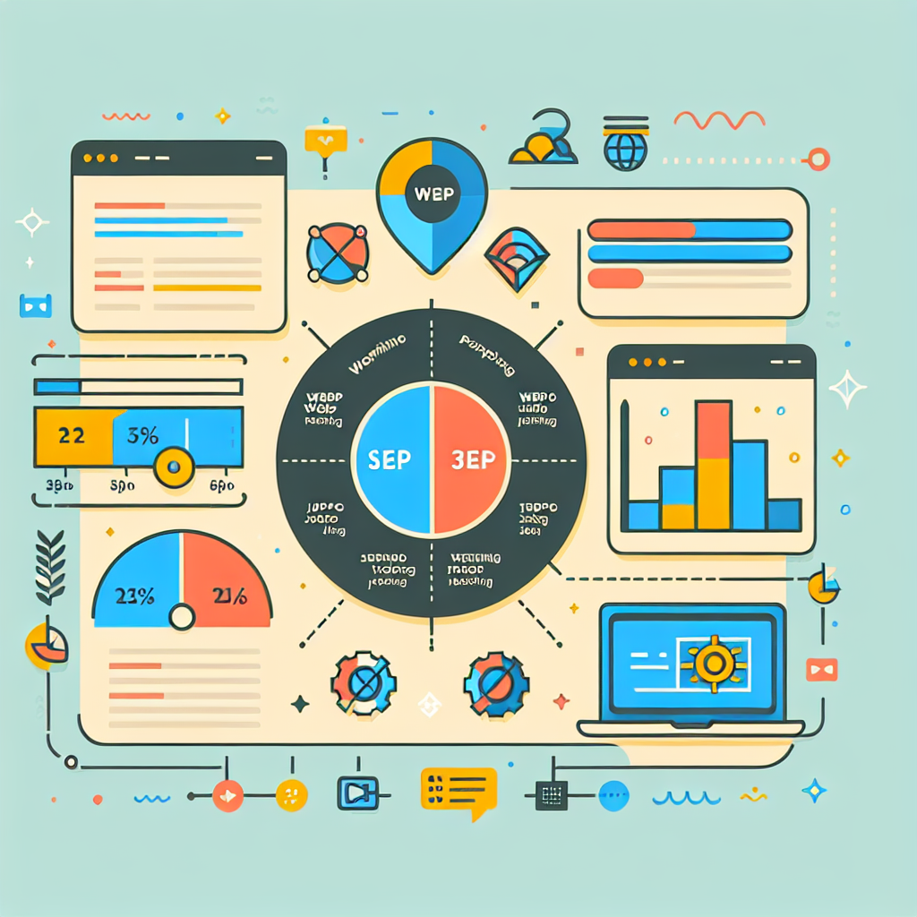 A visually appealing infographic showing the benefits of using WebP format for web optimization including speed comparison with JPEG and PNG