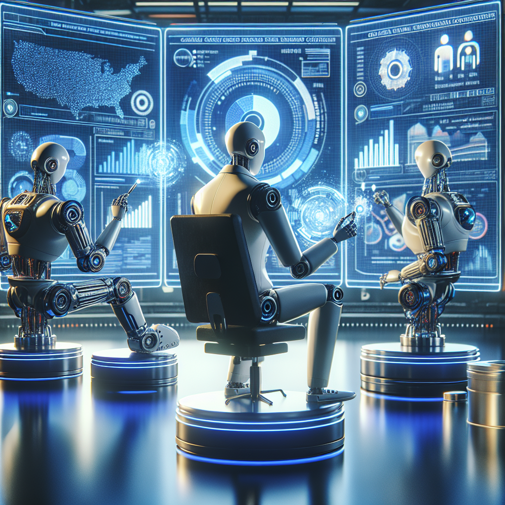 A futuristic digital marketing scene with robots analyzing data and creating personalized content