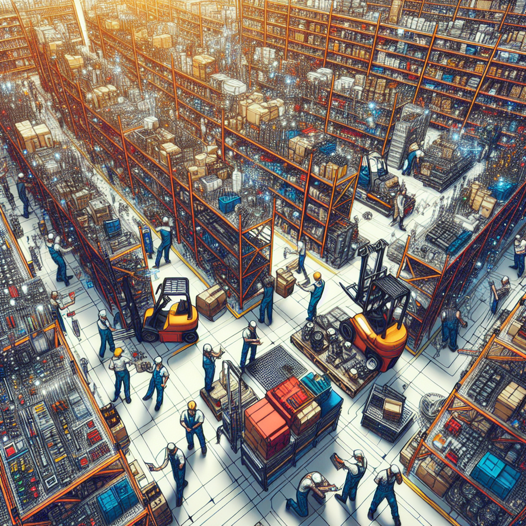 A dynamic warehouse scene showcasing various MRO supplies like tools, spare parts, and maintenance equipment with workers efficiently managing inventory