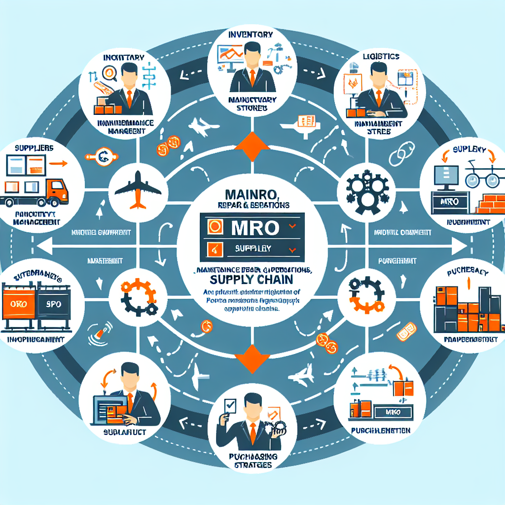 An infographic showing the dynamics of an MRO supply chain with arrows connecting suppliers, inventory management, logistics, and purchasing strategies