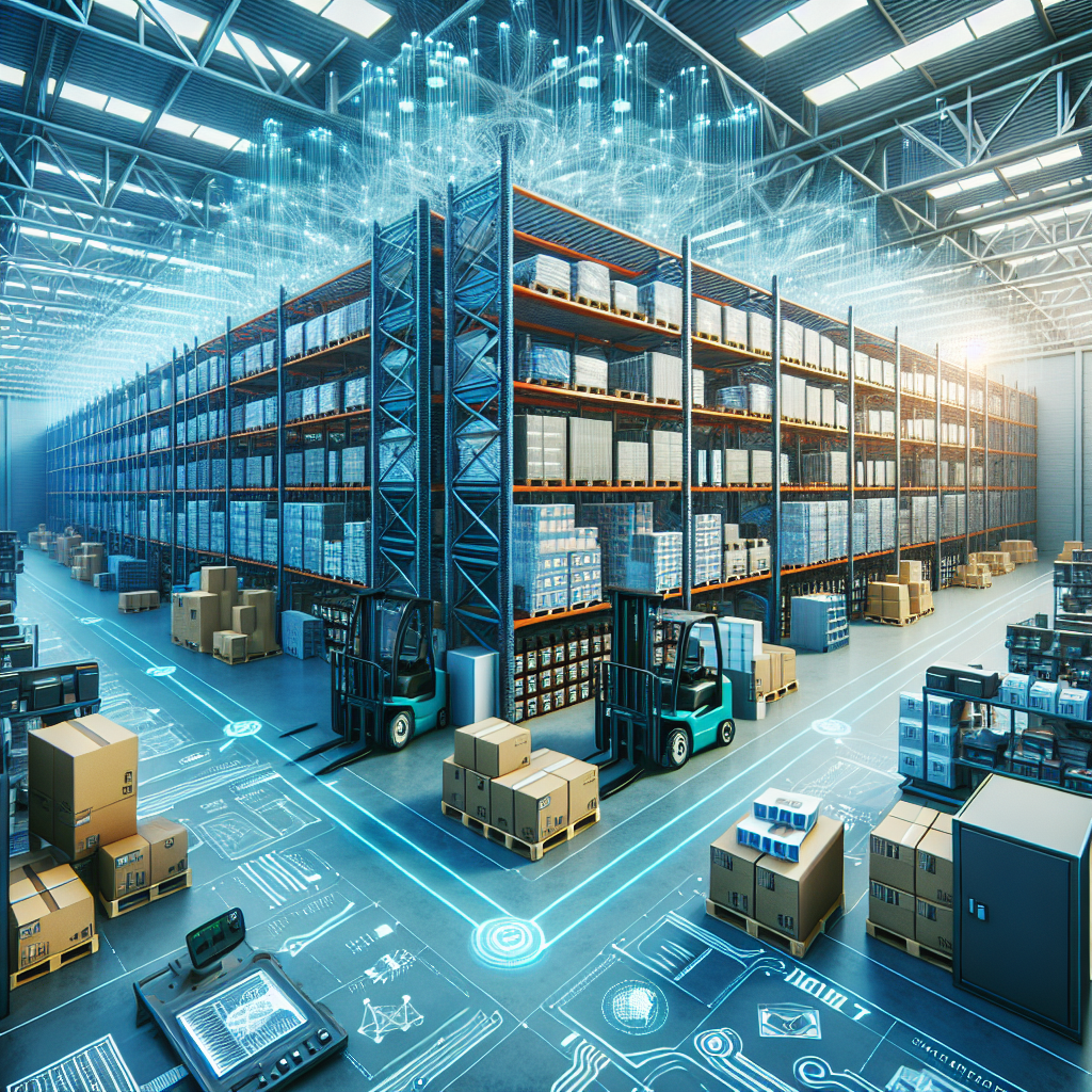 A modern warehouse with organized MRO supplies using advanced technology like IoT devices