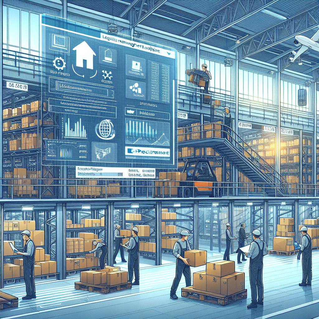 A modern warehouse showcasing advanced e-procurement technology in action, with logistics management software on screens and workers efficiently managing maintenance supplies