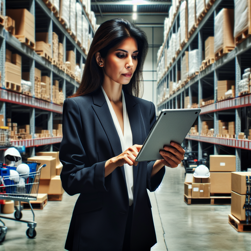 A dynamic MRO buyer analyzing data on a tablet in a warehouse filled with industrial supplies