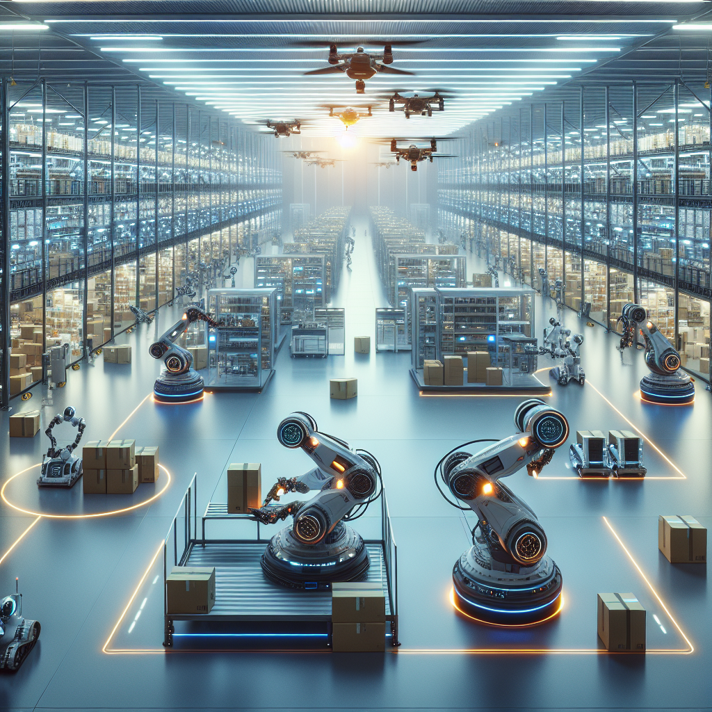 A futuristic warehouse showcasing advanced technology in MRO procurement with robots managing inventory