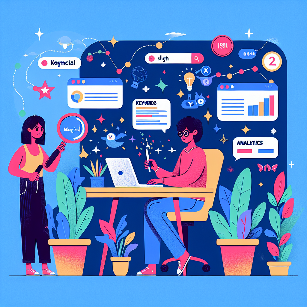 A whimsical illustration depicting a blogger crafting an SEO optimized post with magical elements like keywords and analytics charts