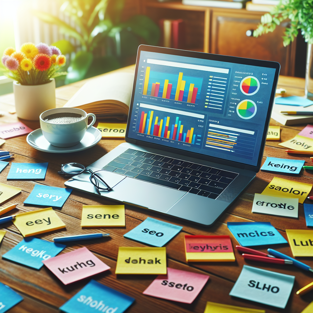A vibrant workspace with a laptop displaying SEO analytics graphs, colorful sticky notes with keyword ideas, coffee cup beside it